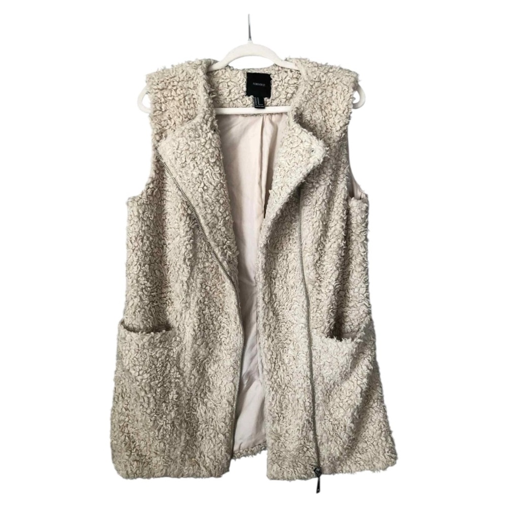 Womens Long Shaggy Sherpa Vest Full Zip sz M Teddy Fleece Cozy Core Boho Rustic